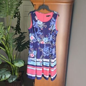 madison leigh Navy Floral Fit-and-Flare Dress with Pink & Teal Stripes
